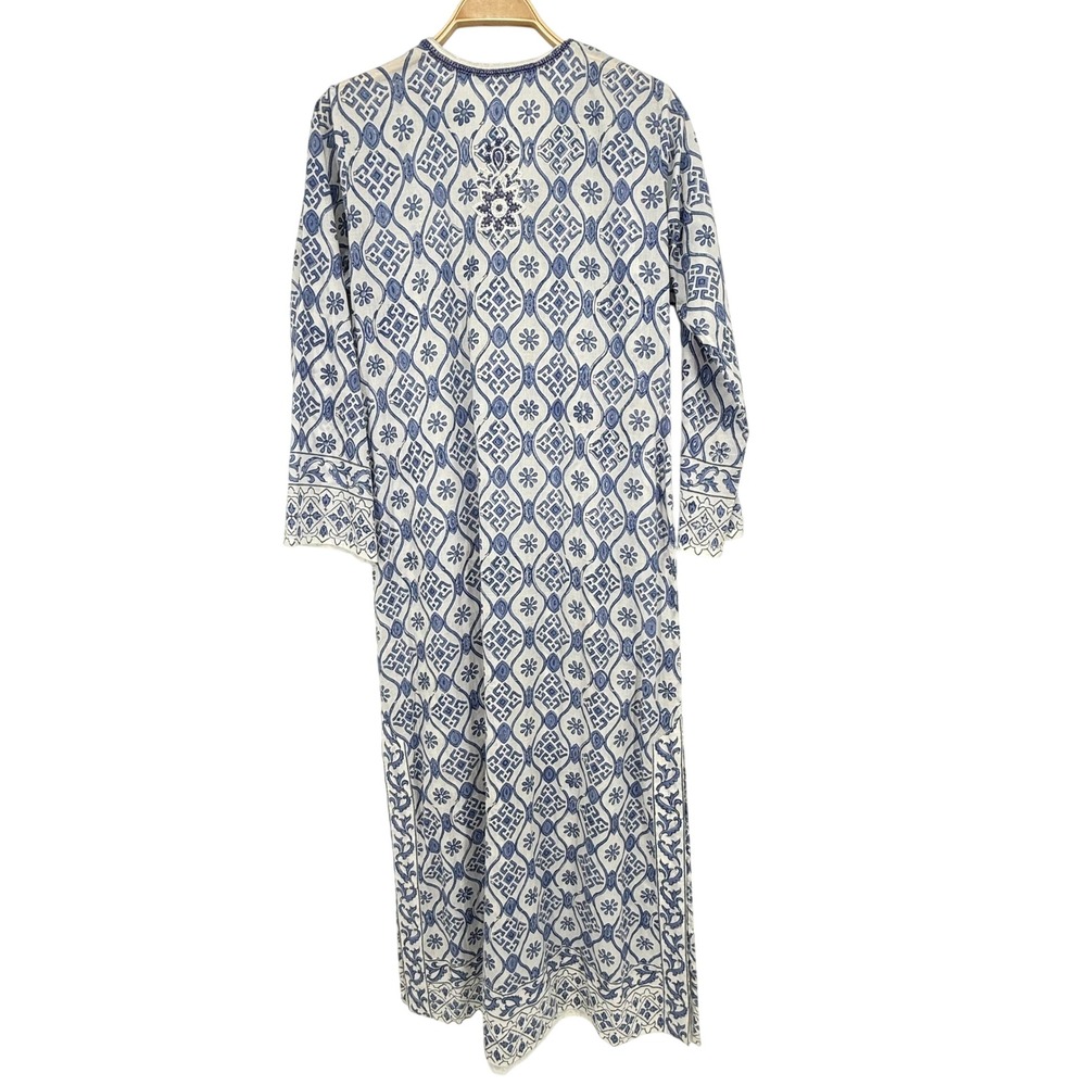 Bella Tu Kaftan Maxi Dress Womens Size M Blue White Excellent Cotton Beaded Boho